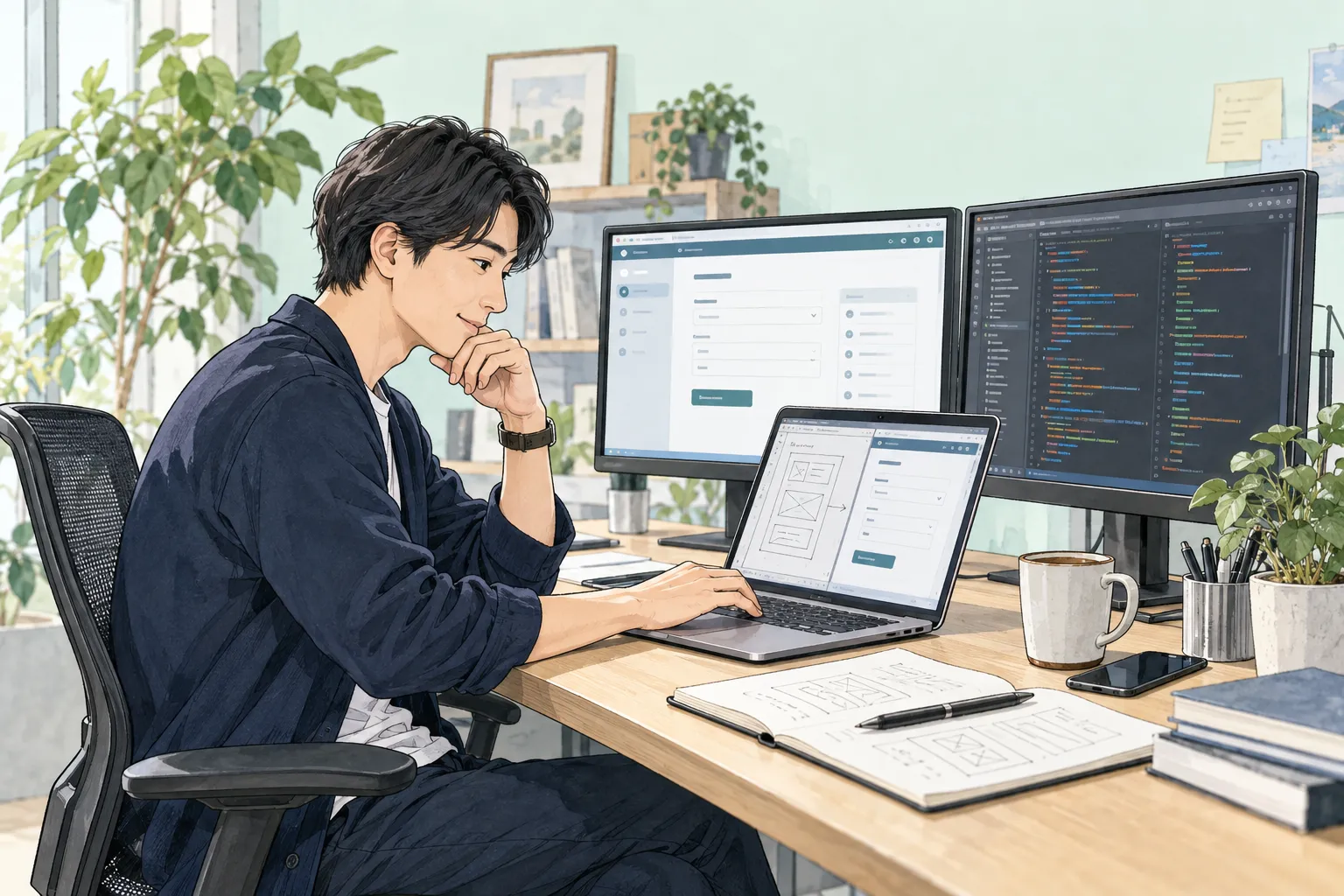 アプリの画面とプログラムを見比べて動作を確かめる開発者のイラスト