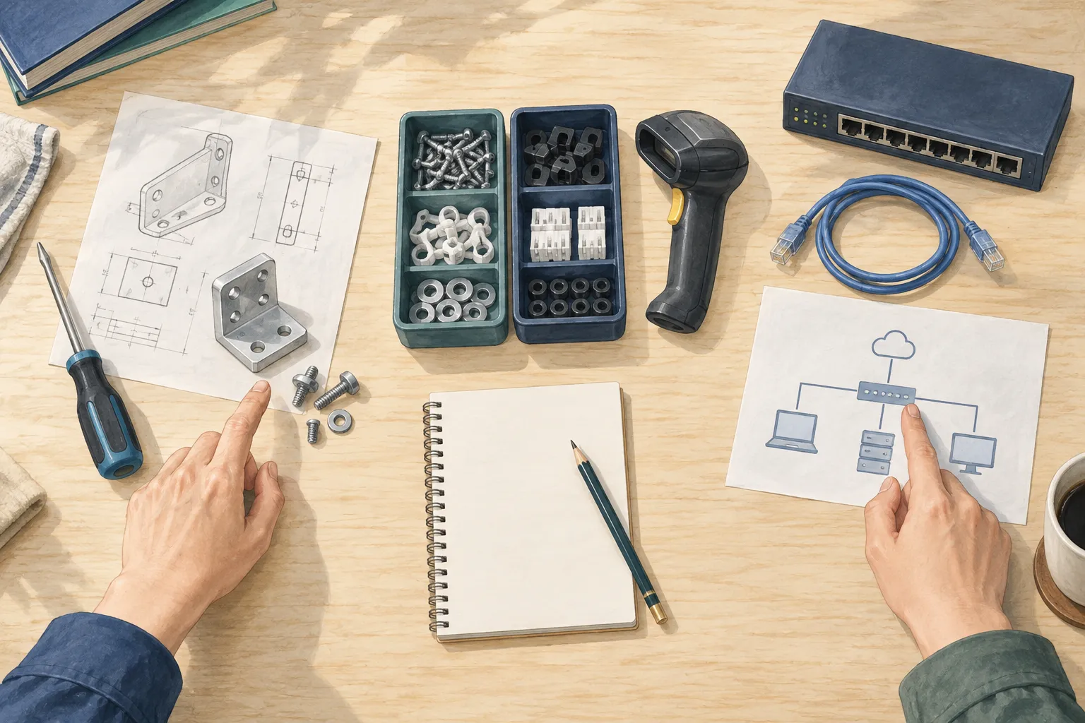 工具・部品トレー・ネットワーク機器を見比べる俯瞰のイラスト