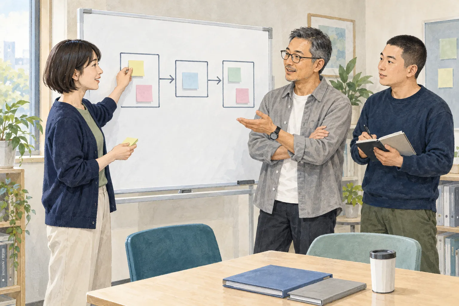 ホワイトボードを囲み、仲間と仕事の進め方を学ぶイラスト
