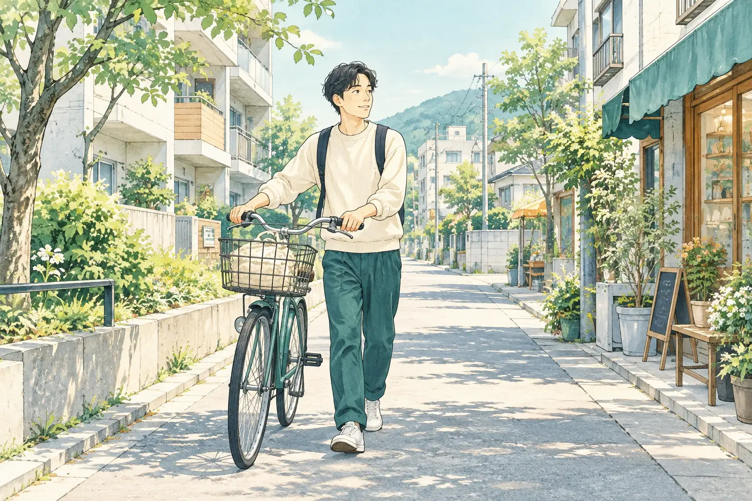 住み慣れた地域で自転車を押しながら日常を過ごす人のイラスト