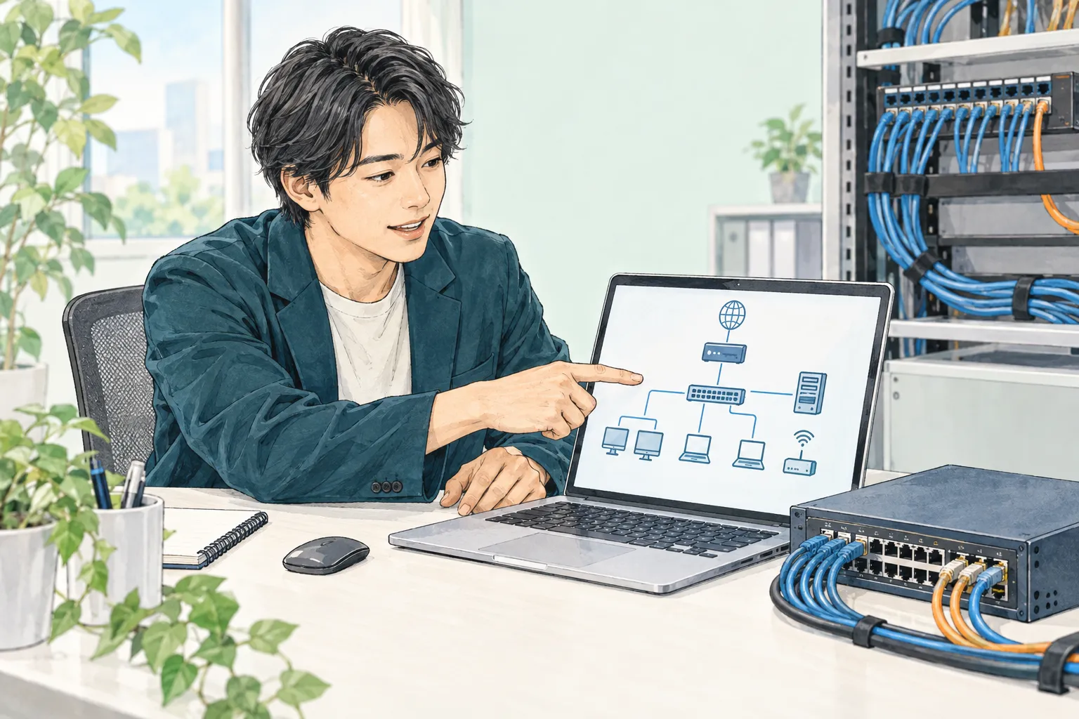 ネットワーク機器と接続図を確かめるエンジニアのイラスト