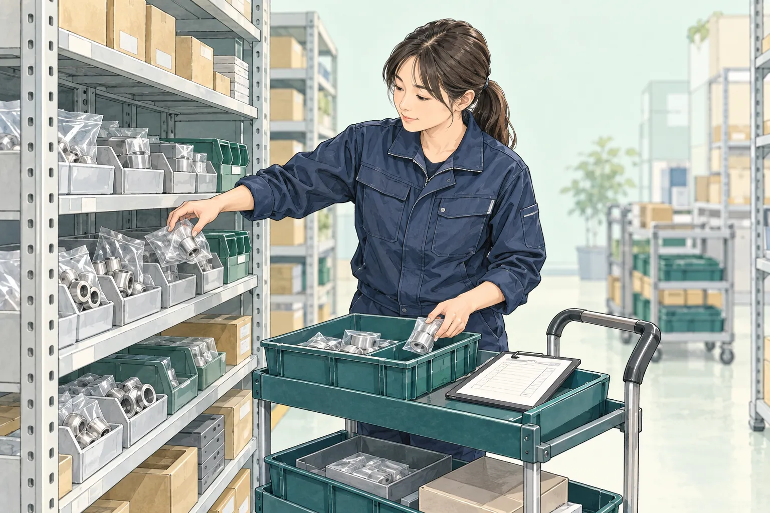 リストを見ながら必要な部品を台車にそろえるイラスト