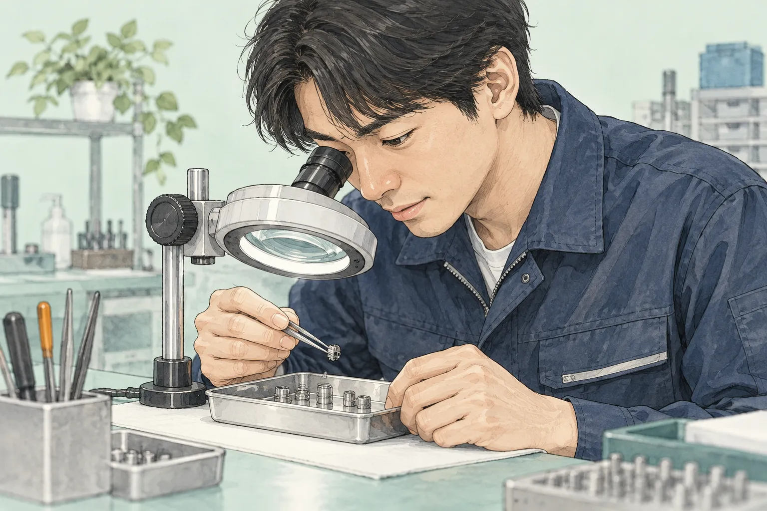 小さな精密部品を拡大して確認するイラスト