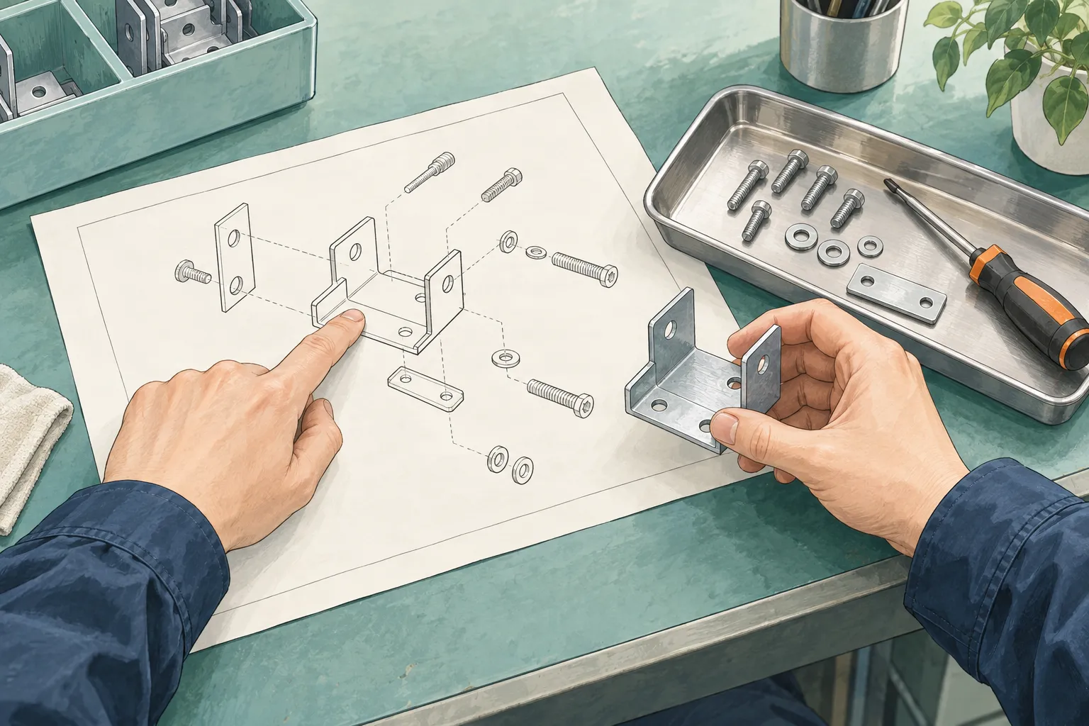 図面に描かれた部品と実物を手元で照らし合わせるイラスト