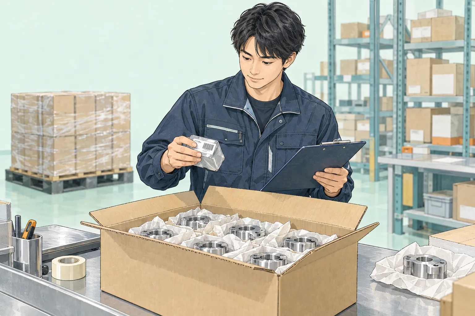 届いた部品のラベルと伝票を照合するイラスト