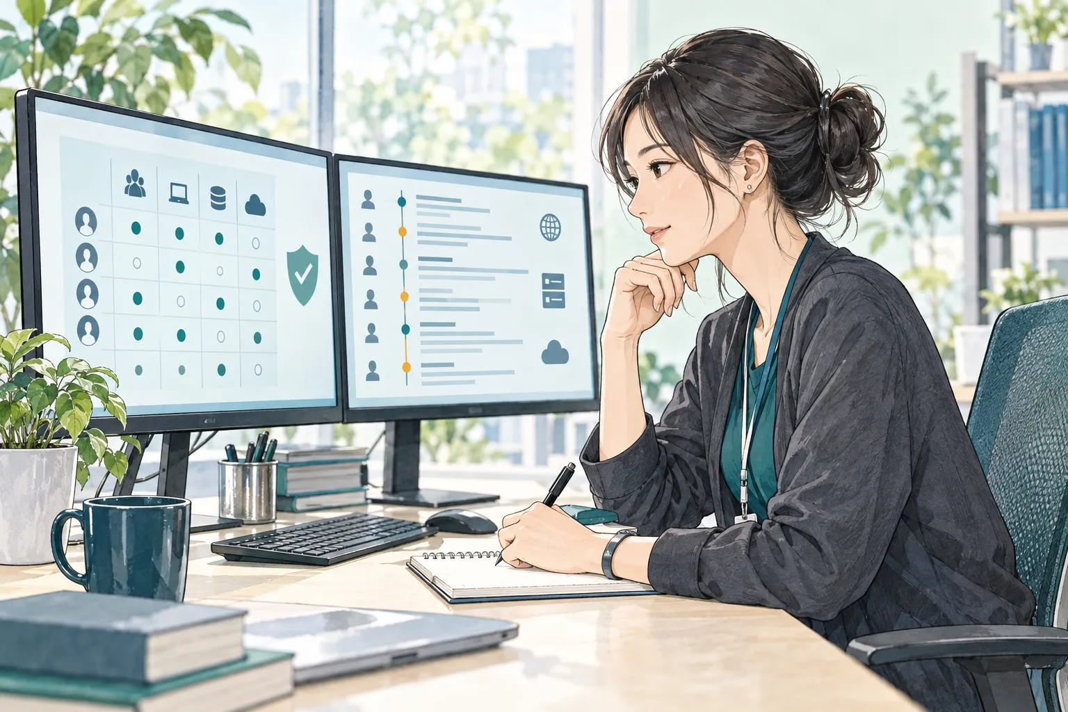 アクセス権限と活動記録を確認するセキュリティエンジニアのイラスト
