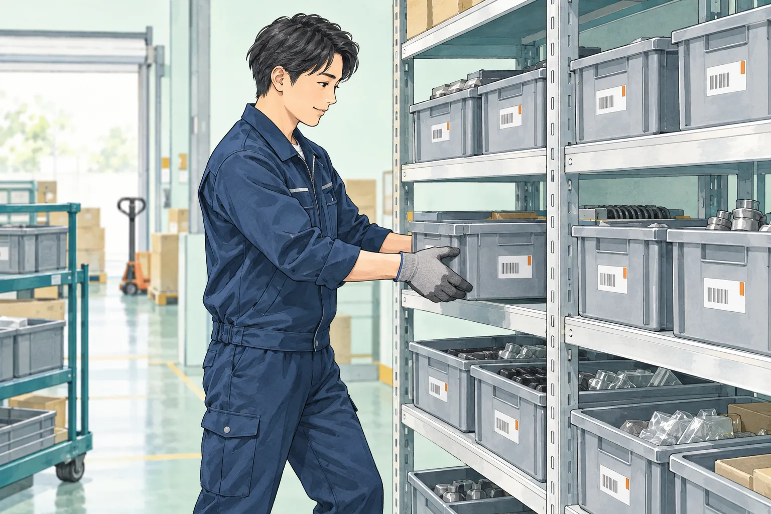 部品を指定の棚に保管するイラスト