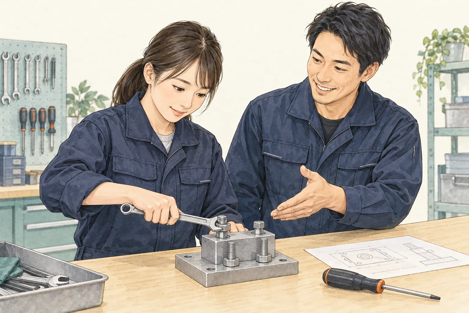 先輩と一緒にスパナの扱い方を練習する研修のイラスト