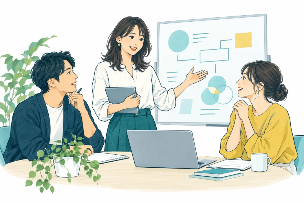 学んだことを仲間に伝え、一緒に考える三人のイラスト