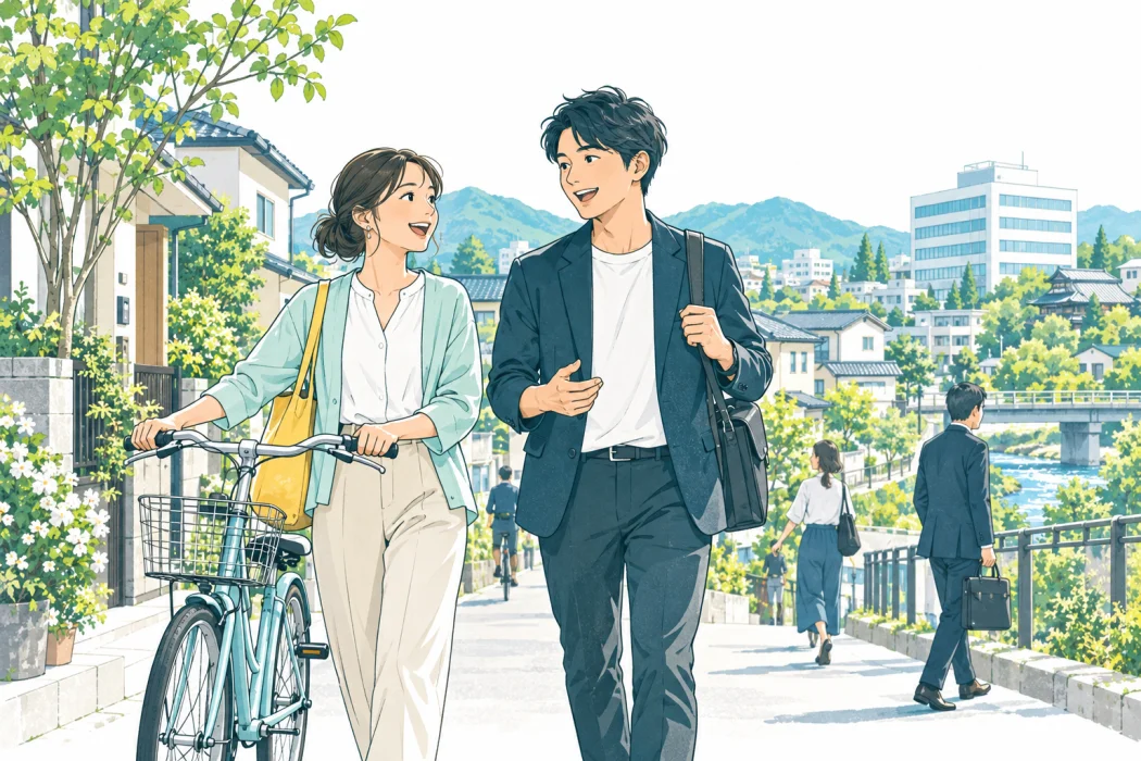 住まいと緑のある街で、仕事へ向かう二人のイラスト