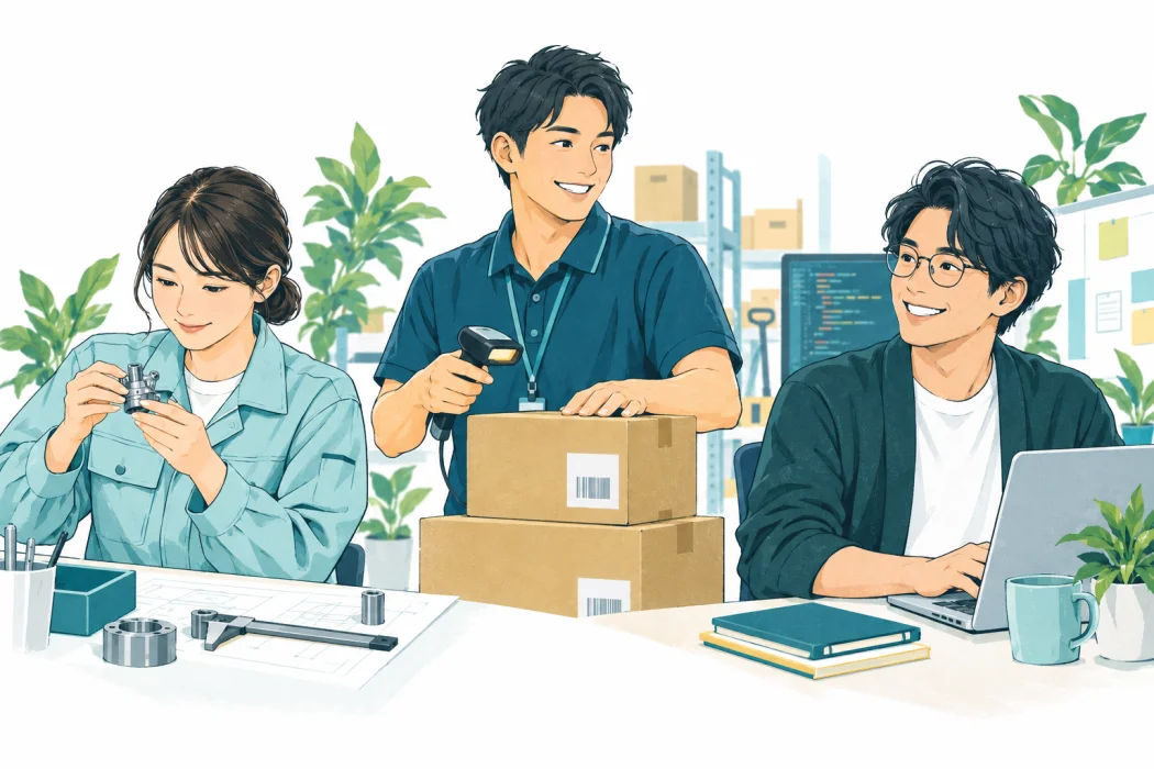 製造・物流・IT、それぞれの仕事に取り組む三人のイラスト