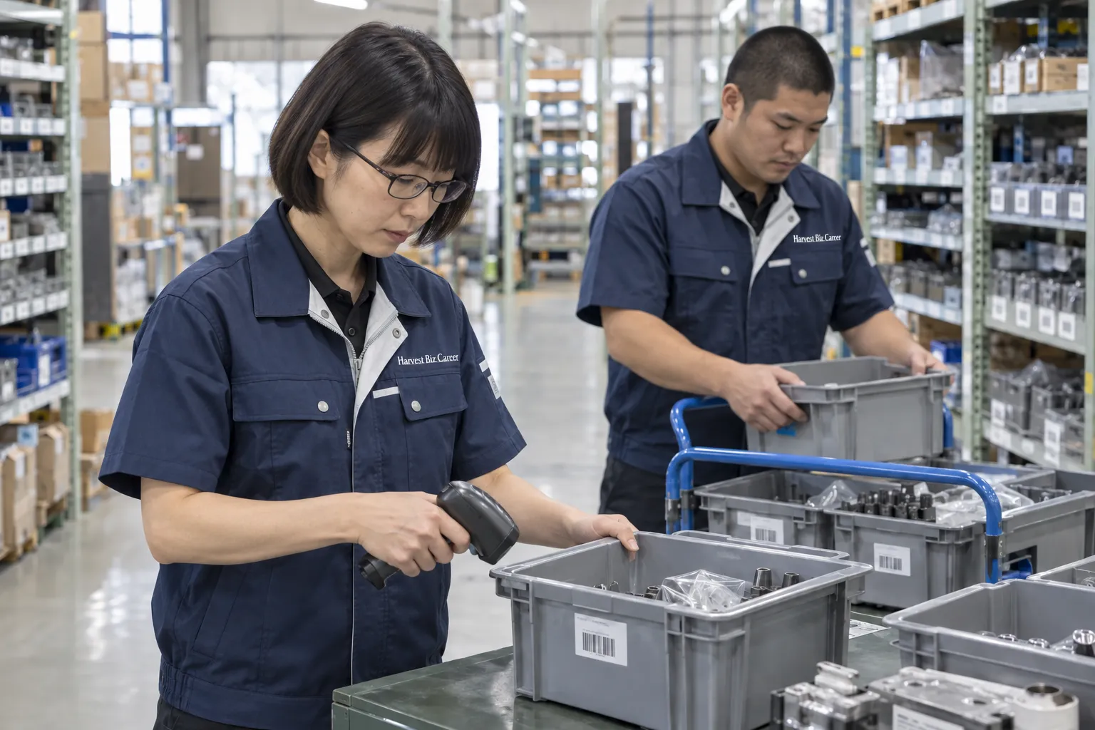 部品のラベルを読み取り、台車にそろえる二人の仕事イメージ
