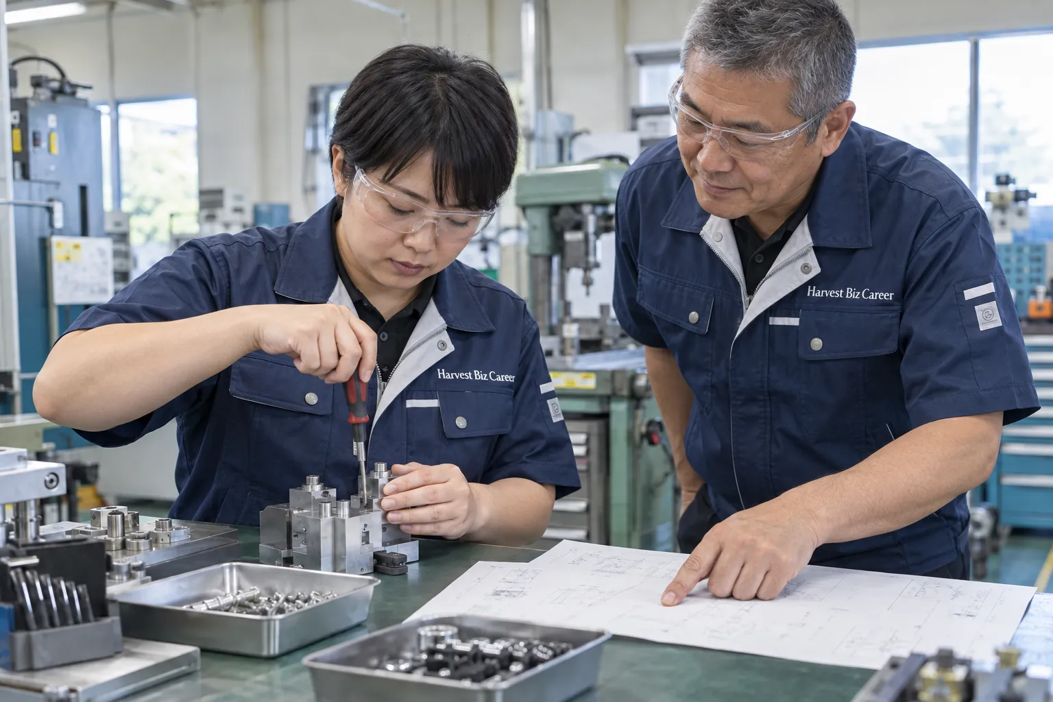 図面を見ながら工具で部品を組み立てる二人の仕事イメージ