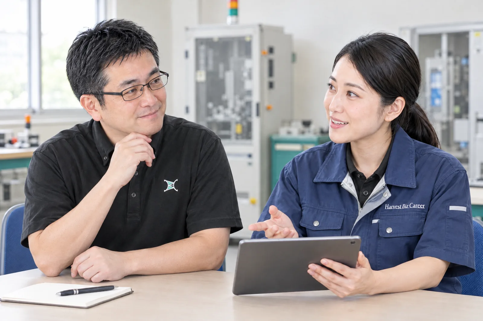 黒いポロシャツの先輩と紺の作業着の若手が、タブレットを見ながら話す相談のイメージ