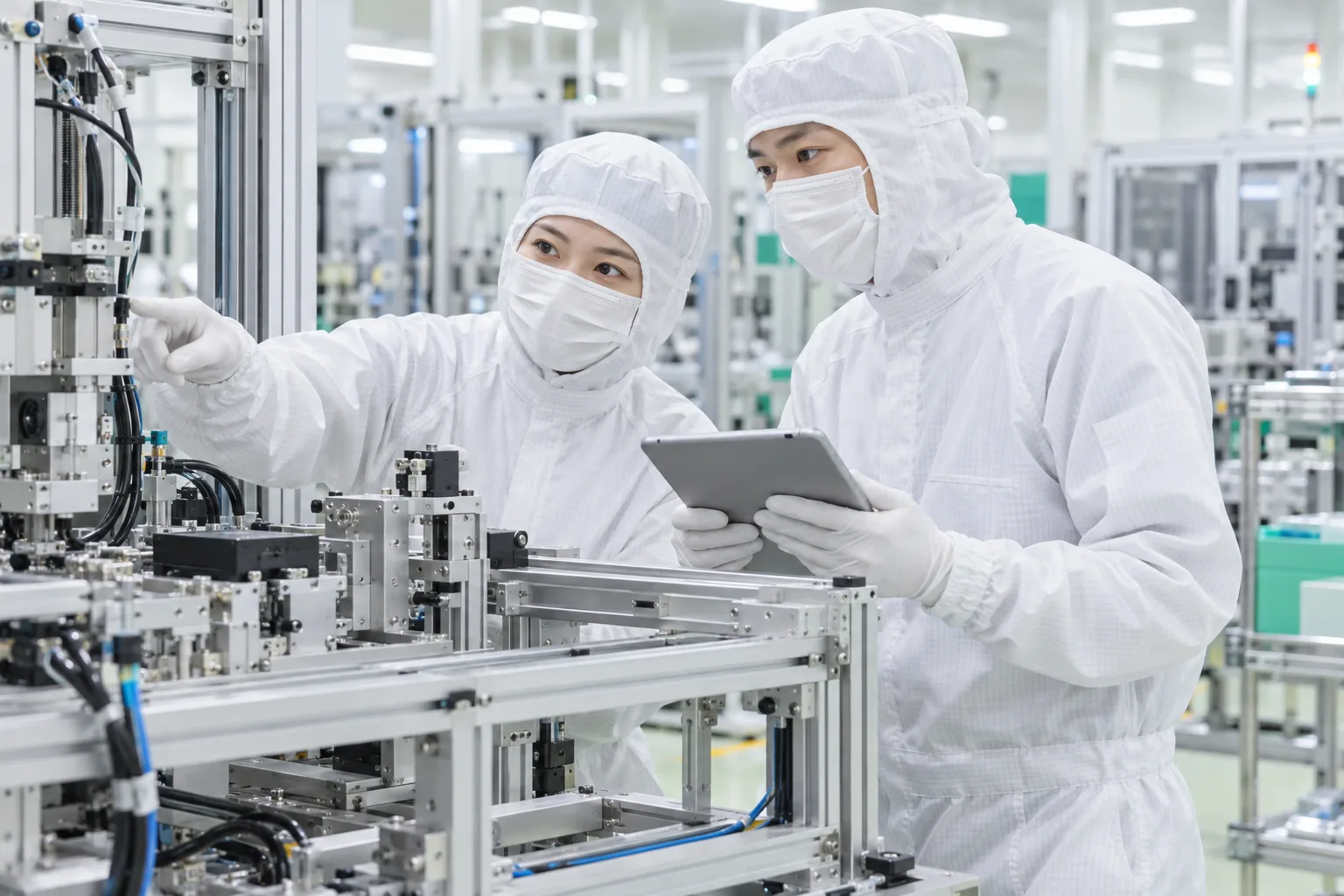 クリーンウェアを着けた二人が、製造装置と部品を確かめる仕事のイメージ