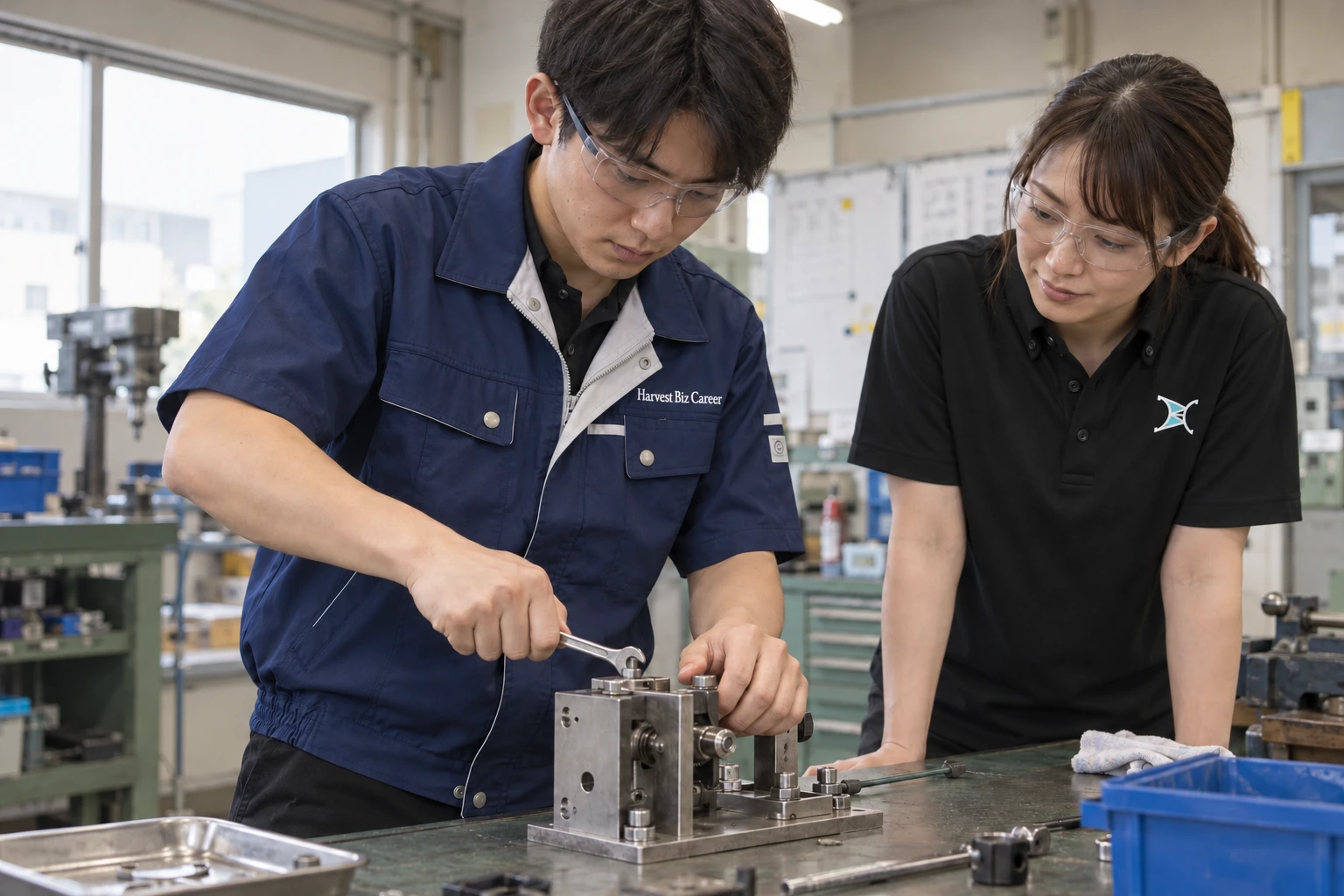 保護めがねをかけた紺の作業着の人が、黒いポロシャツの先輩に見守られながら、作業台でスパナを使っている写真