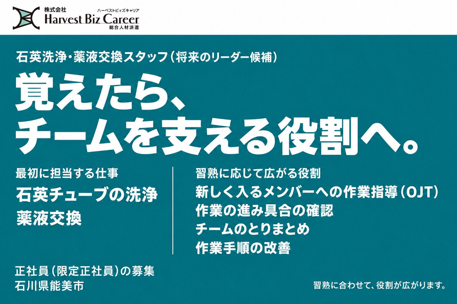 石英洗浄・薬液交換スタッフ(将来のリーダー候補)。最初に担当する仕事は石英チューブの洗浄と薬液交換。習熟に応じて、新しく入るメンバーへの作業指導(OJT)、作業の進み具合の確認、チームのとりまとめ、作業手順の改善へ役割が広がる