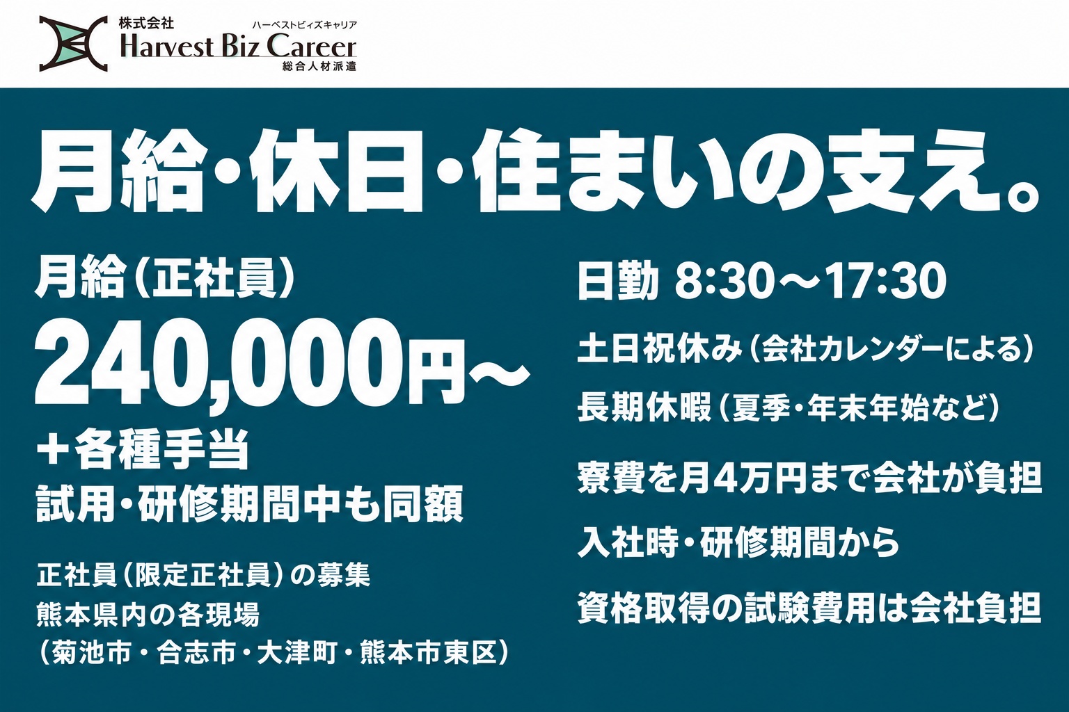 月給(正社員)240,000円〜+各種手当。試用・研修期間中も同額。日勤8:30〜17:30、土日祝休み(会社カレンダーによる)、長期休暇(夏季・年末年始など)。寮費を月4万円まで会社が負担(入社時・研修期間から)。資格取得の試験費用は会社負担。熊本県内の各現場(菊池市・合志市・大津町・熊本市東区)