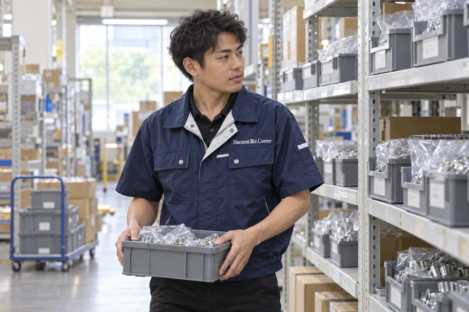 紺の半袖の作業着の男性が、部品の袋が入った箱を抱えて、棚の並ぶ通路に立っている