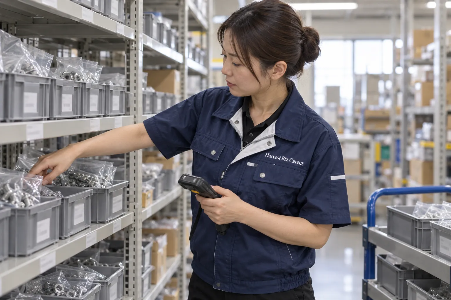 紺の半袖の作業着の女性が、ハンディ端末を持ちながら、棚の部品箱から部品の袋を取り出している
