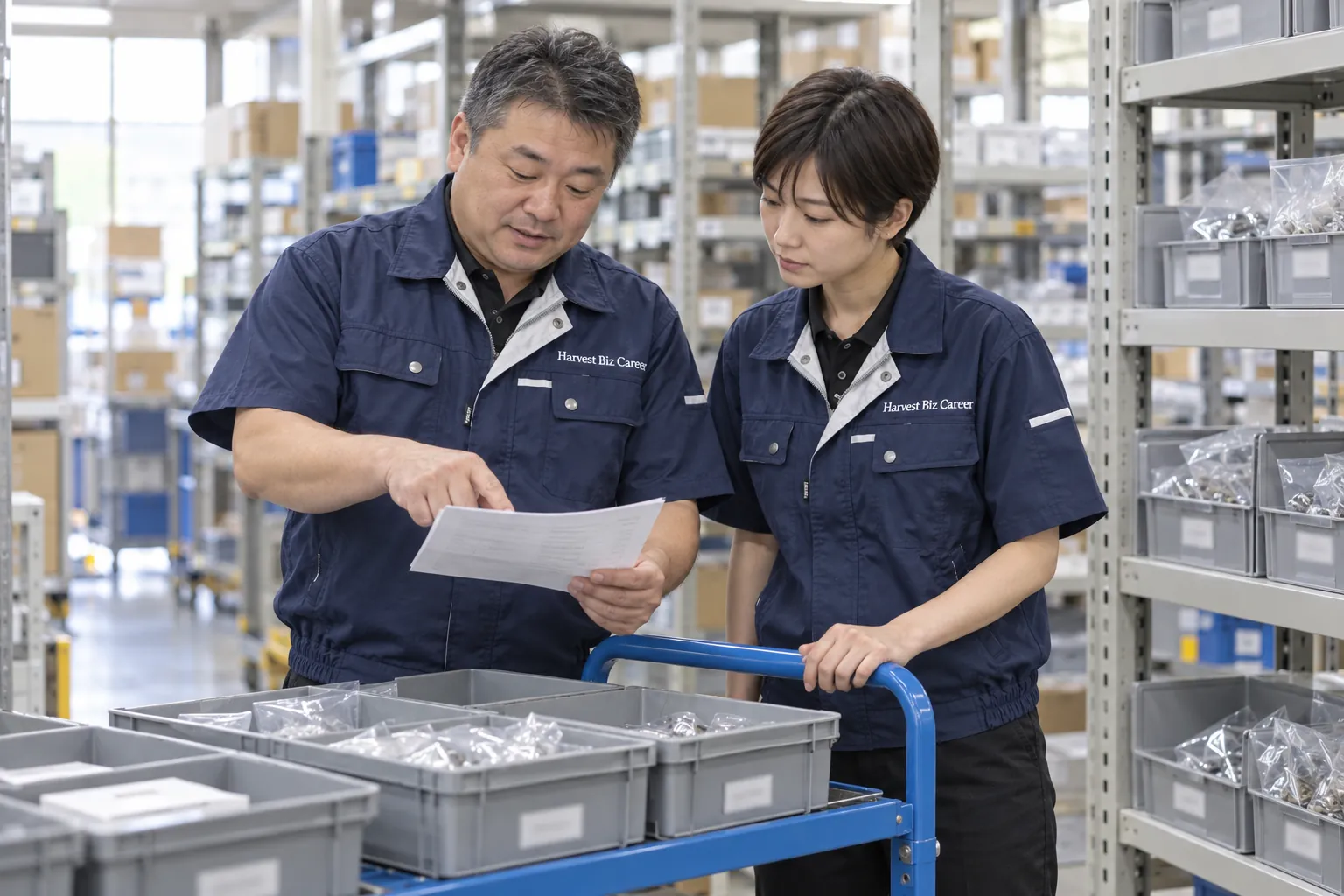 台車のそばで、紺の半袖の作業着の男性が書類を指しながら、女性と作業の段取りを確認している