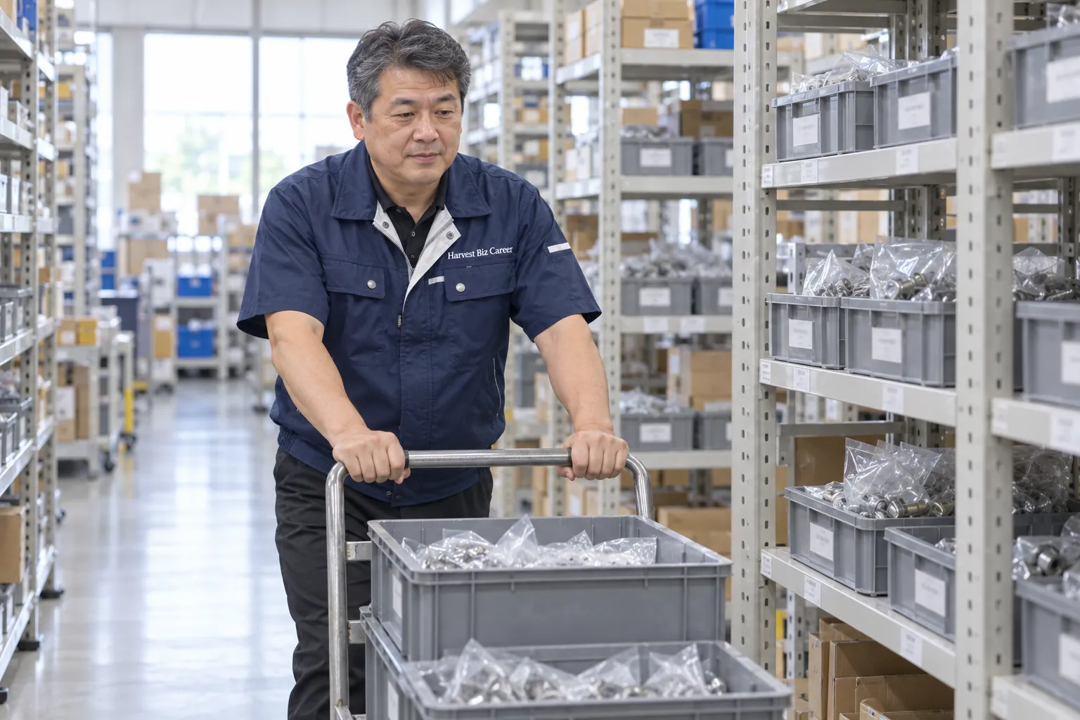 紺の半袖の作業着の男性が、部品の袋を入れた箱を台車に載せ、棚の並ぶ通路を押して進んでいる