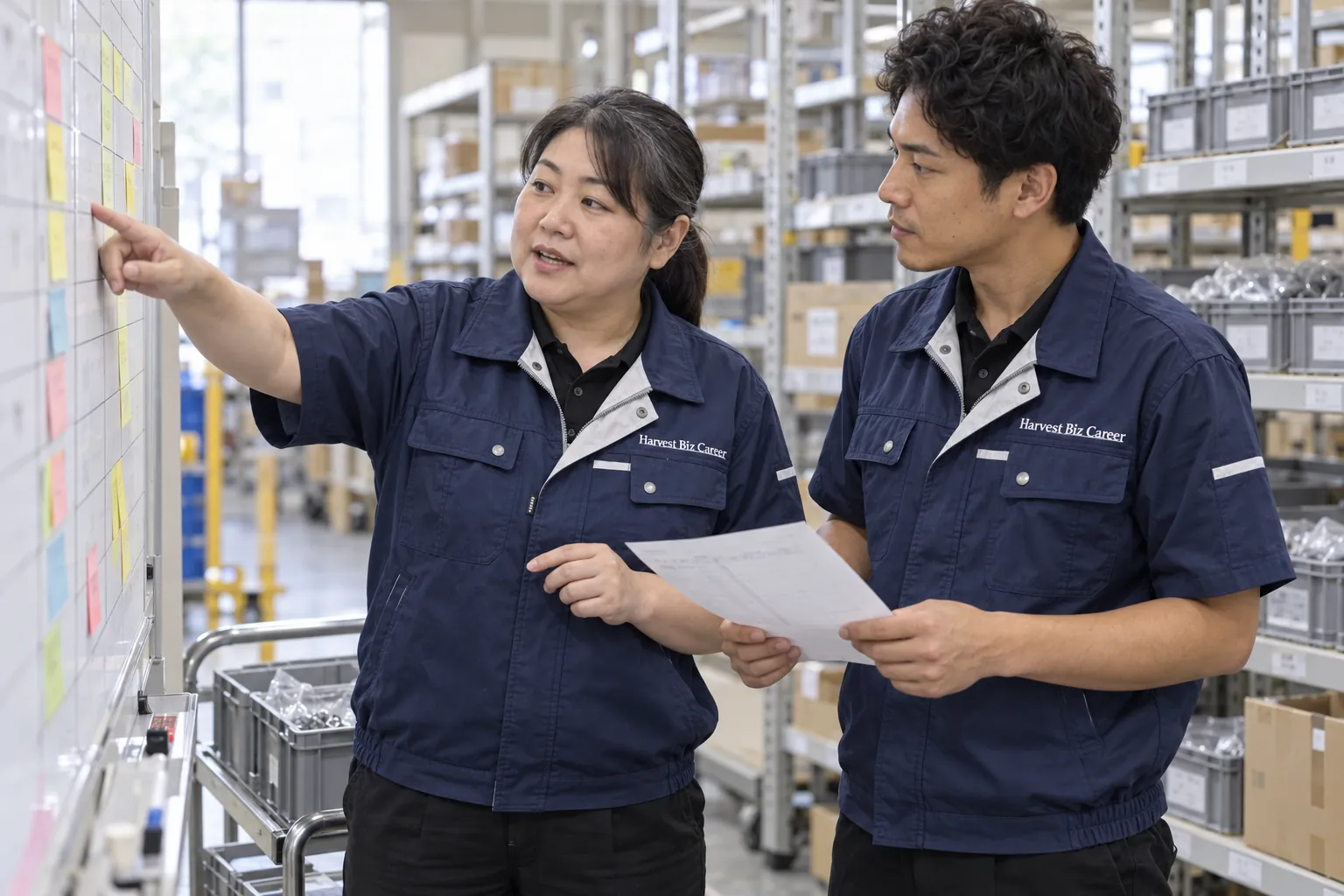 紺の半袖の作業着の女性が、付箋の並ぶホワイトボードを指しながら、書類を持つ男性に段取りを説明している