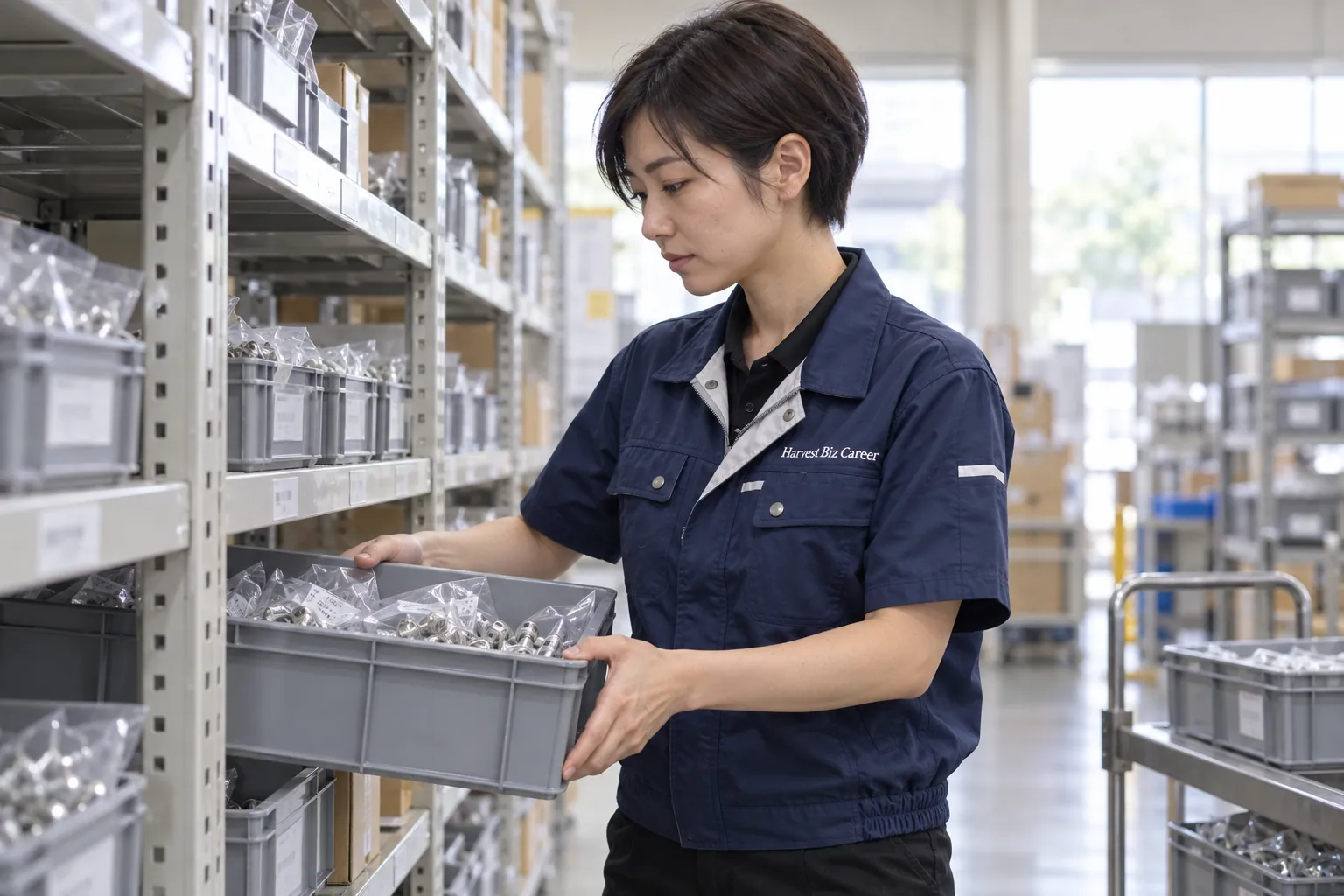 紺の半袖の作業着の女性が、部品の袋が入った箱を棚から取り出している