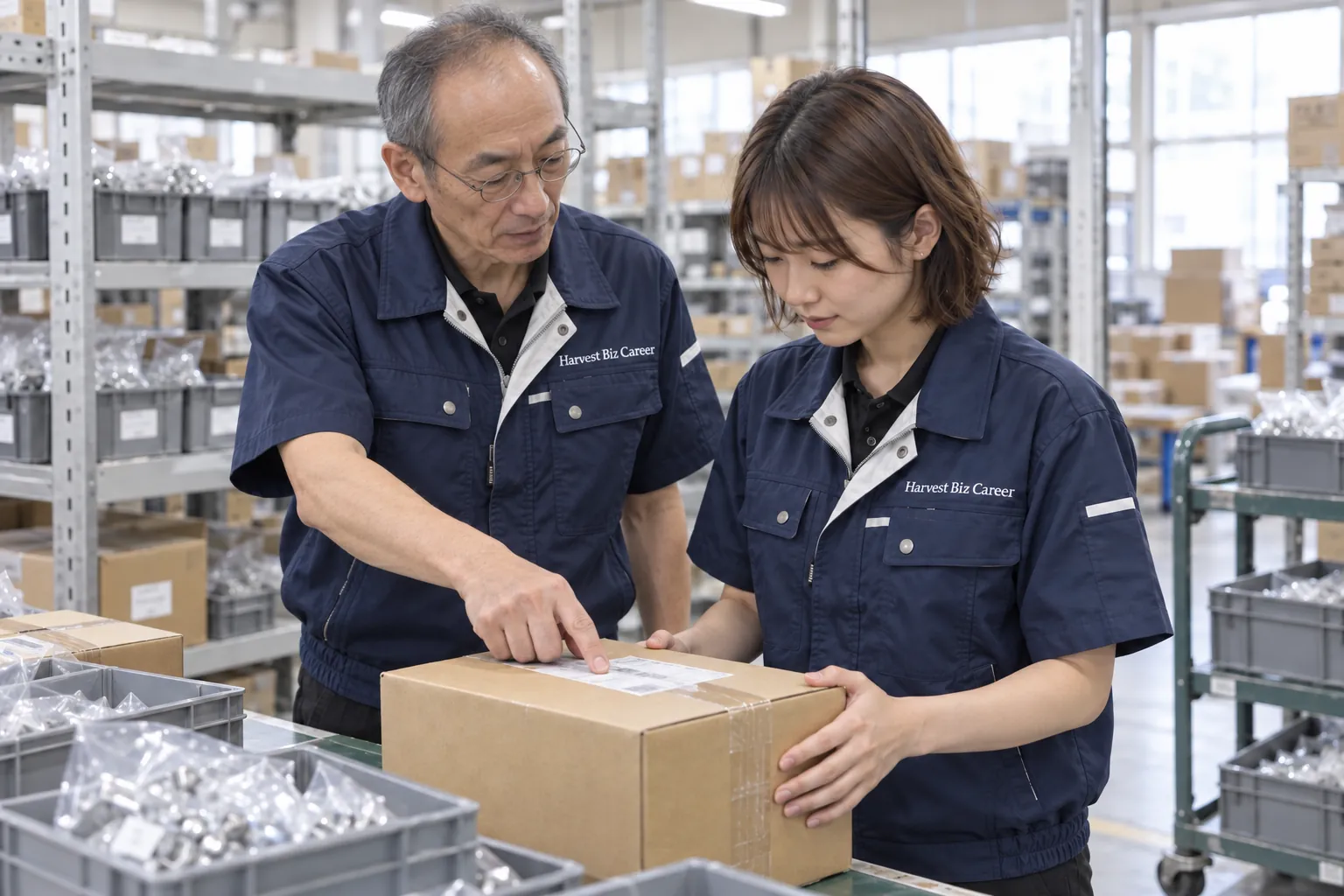 紺の半袖の作業着の、眼鏡をかけた細身の男性が、段ボール箱のラベルを指さし、若い女性に確認の手順を教えている