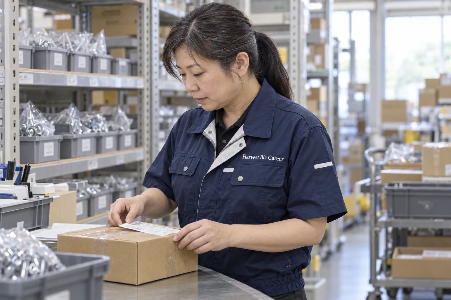 紺の半袖の作業着の女性が、検品台で段ボール箱にラベルを貼っている