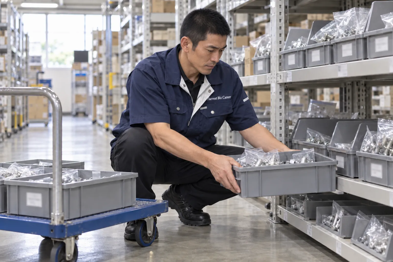 紺の半袖の作業着の、短い黒髪の男性がしゃがみ、棚の下段から部品の袋が入った箱を引き出している。そばに台車がある