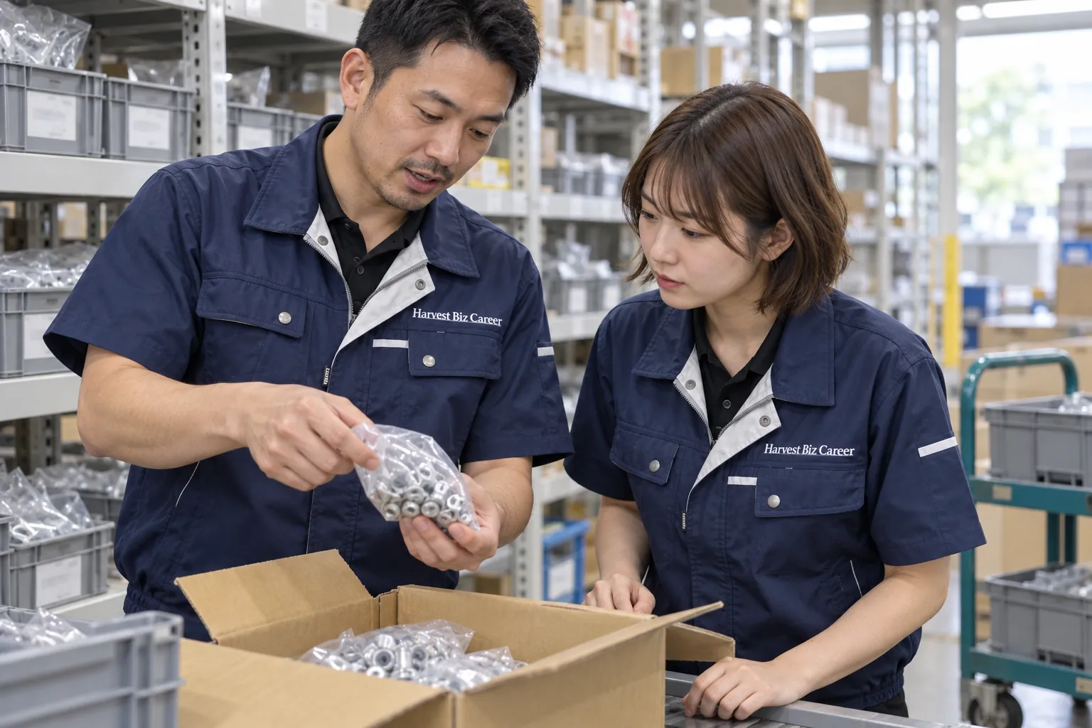 紺の半袖の作業着の男性が部品の袋を手に取り、段ボール箱の前で若い女性に中身の確かめ方を説明している