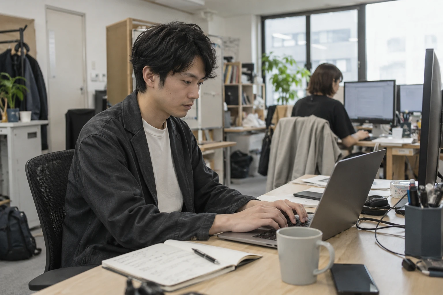 事務所の机でノートパソコンに向かって作業している写真