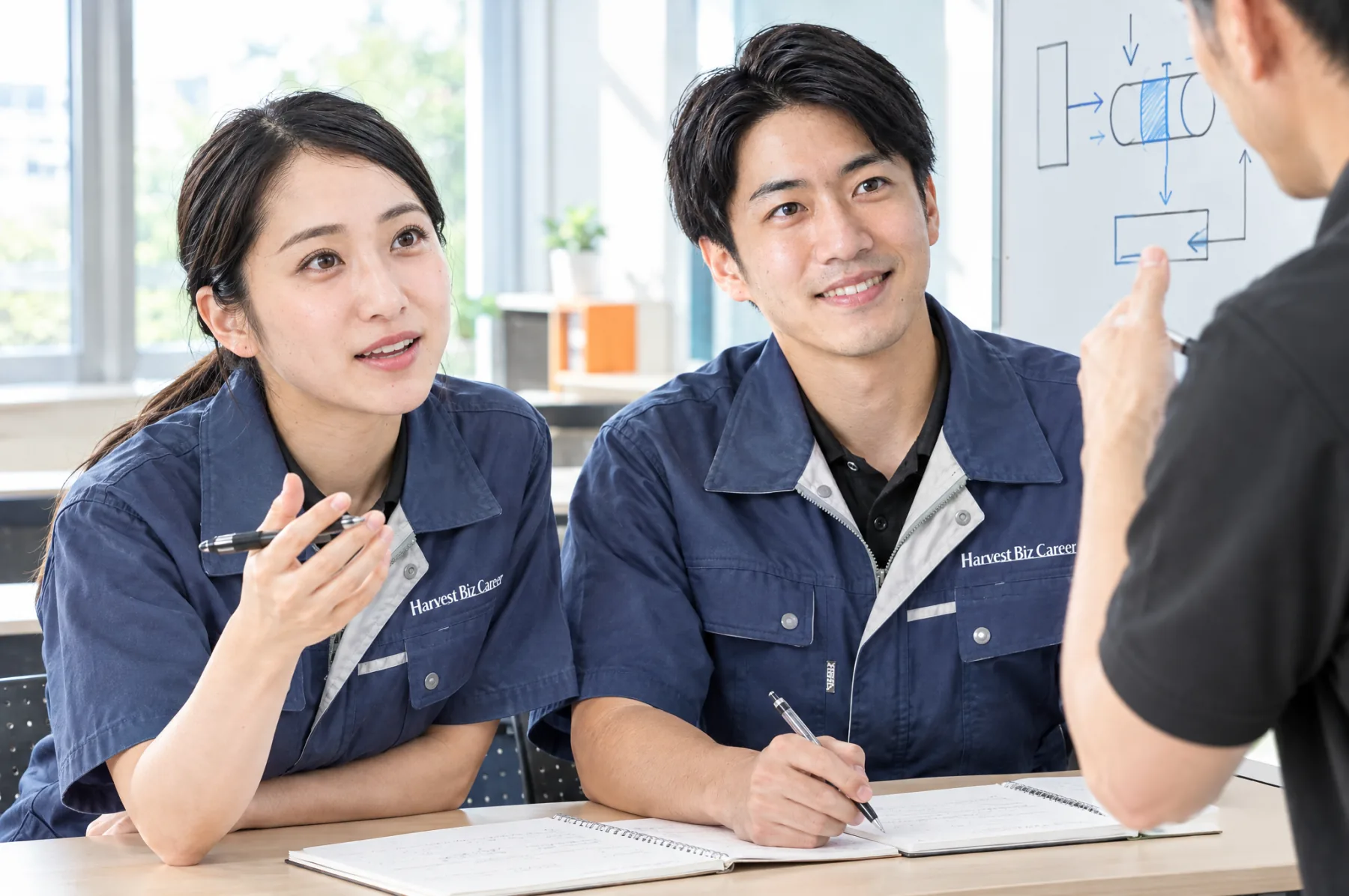紺の作業着の若手2人が、講師にペンを持って質問しながら講義を受けている写真